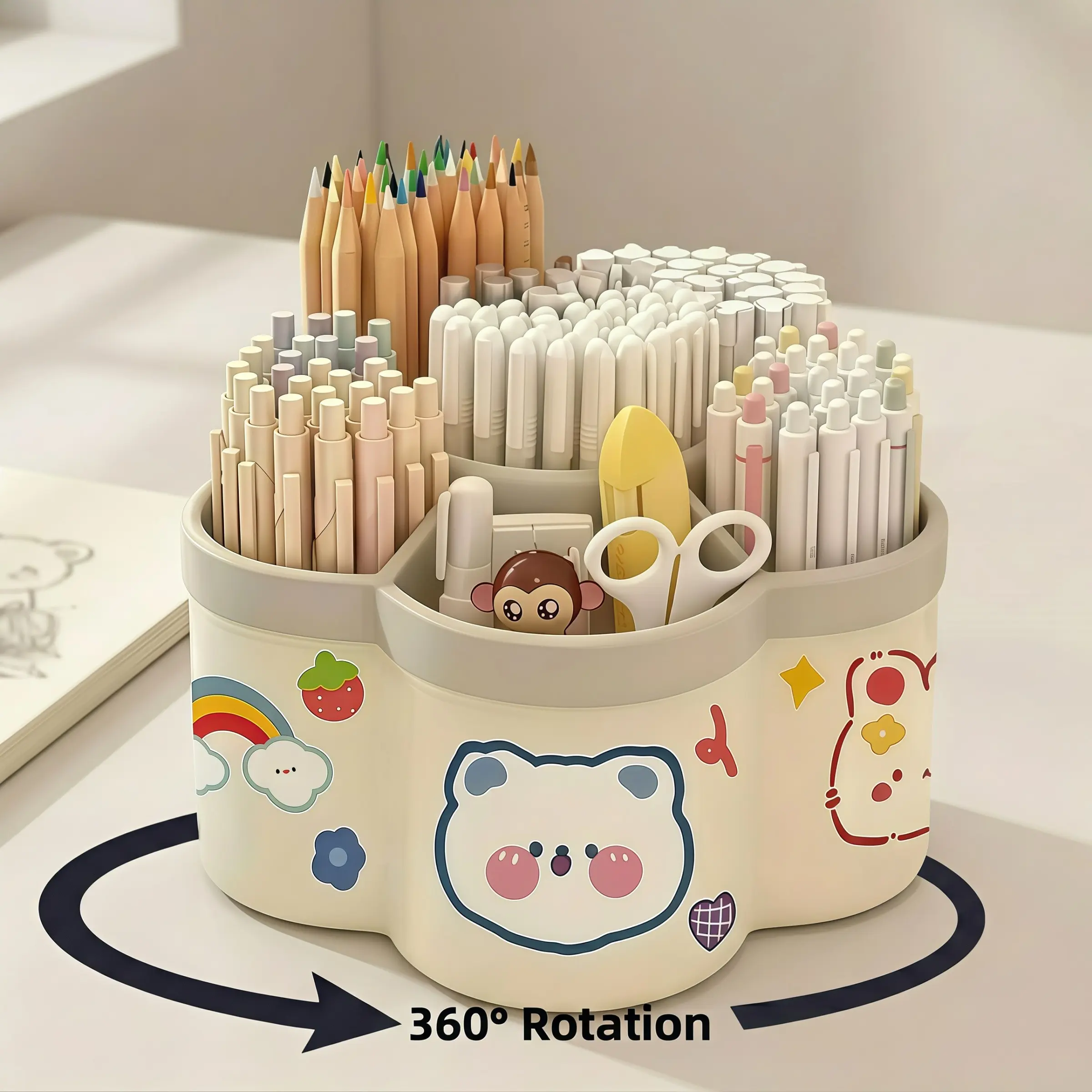 360 ° rotating pen holder, multi slot stationery storage box, large capacity desktop organizer, suitable for office, school, and home use