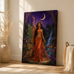 Mystical Moon Woman Canvas Wall Art, Celestial Goddess Poster, Fantasy Feminine Wall Decor,  Spiritual Artwork, Purple Night Bedroom Decor, Living Room Aesthetic, Unframed Canvas Poster or Framed Canvas Wrap