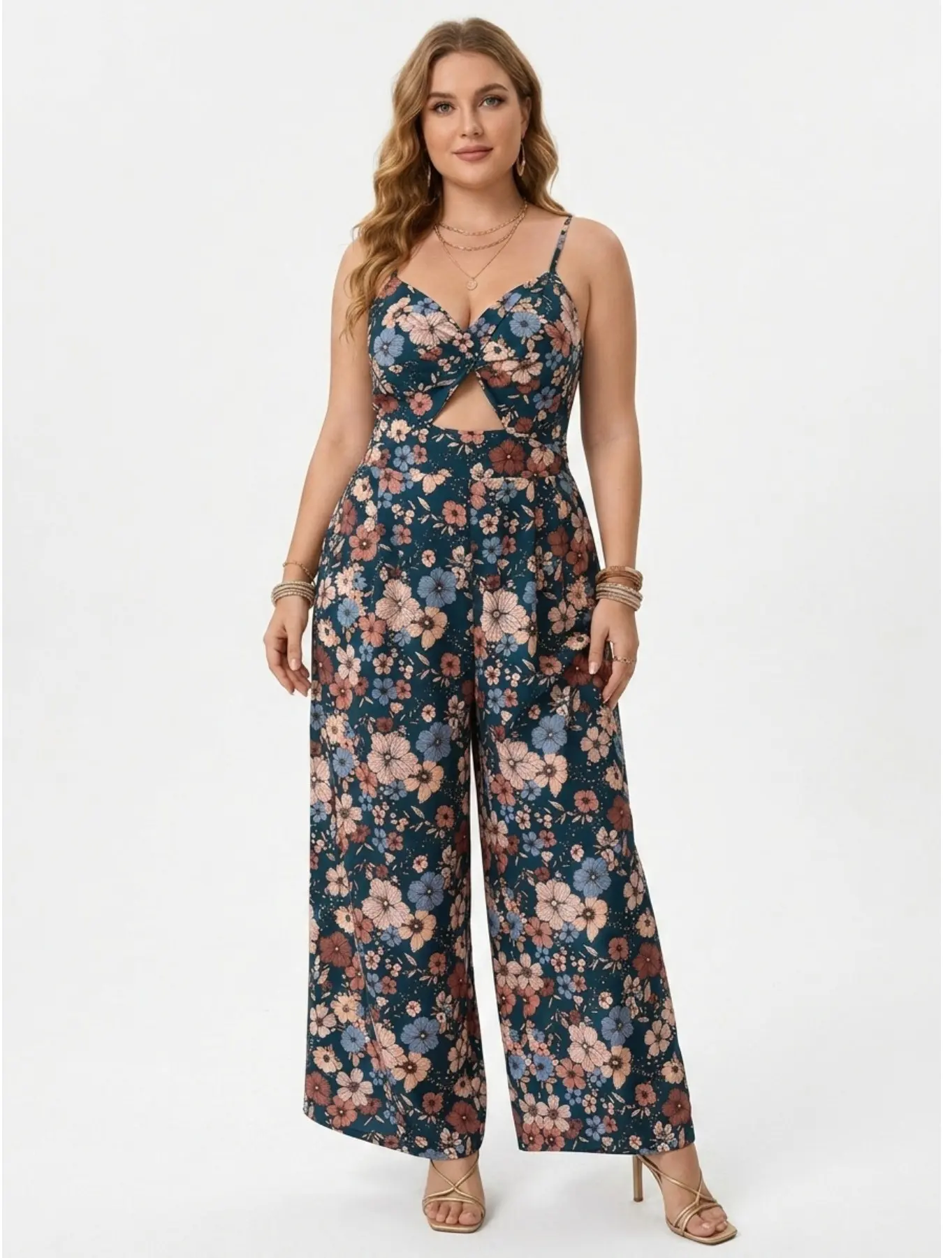 Plus Size Women Floral Print Spaghetti Strap Jumpsuit, Slim Elegant Vacation Wide Leg One Piece Romper For Travel Garden Picnic Summer Party