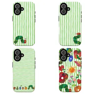 Cute Watercolor Green Stripe Caterpillar Phone Case|Minimal Cartoon Caterpillar Border Print Phone Cover For iPhone 17 Pro Max 16 15 14 13 12 11 for Samsung S21 S22 S23 S24 S25 S26 Phone Case|Tough Phone Case|gift for him for her|Best Gift