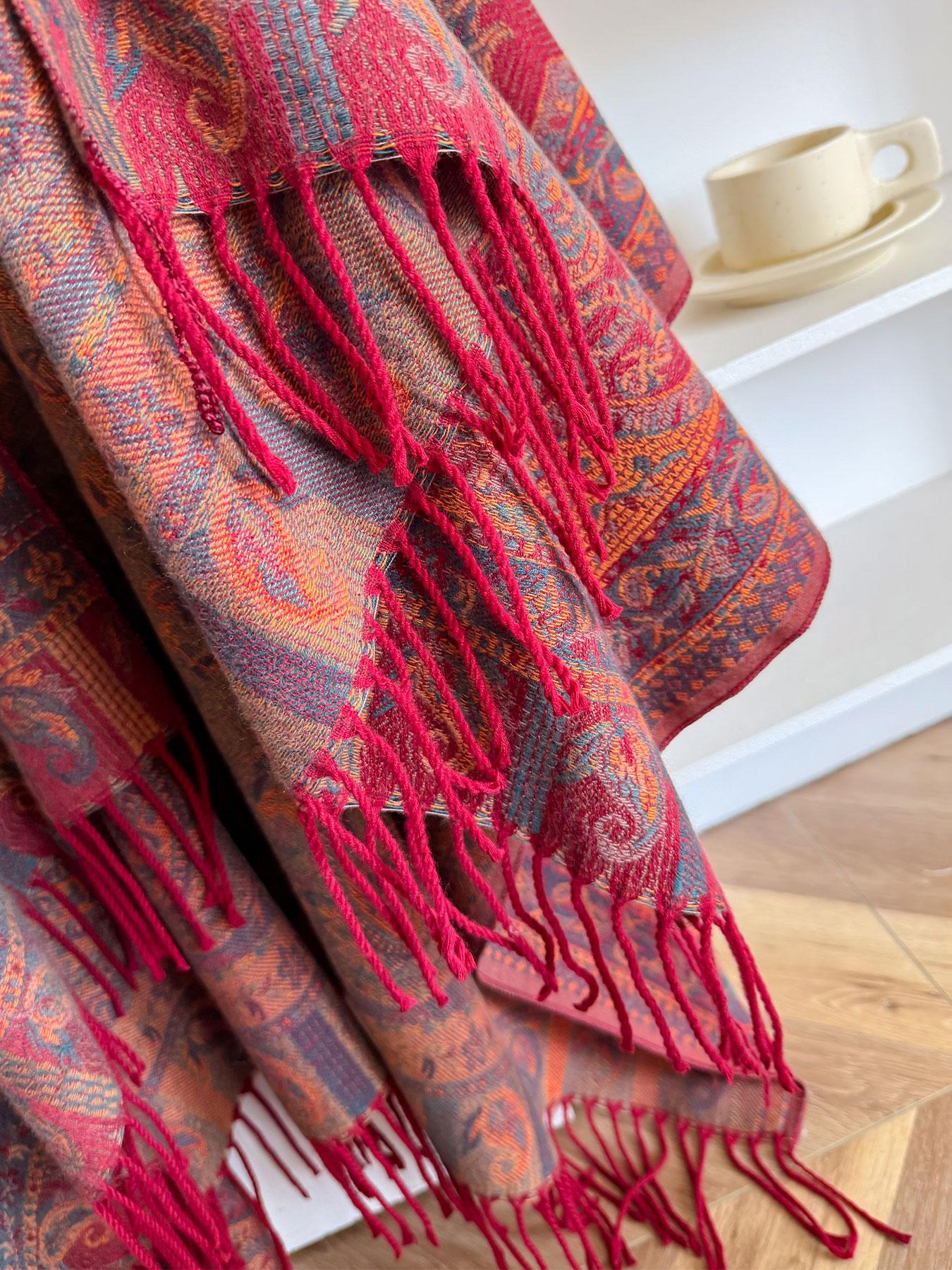 Bohemian Style Woven Shawl Scarf, Thick Fabric Fall Winter Accessory, Loose-Fit Design for Women & Girls, Perfect for Outdoor Travel Use