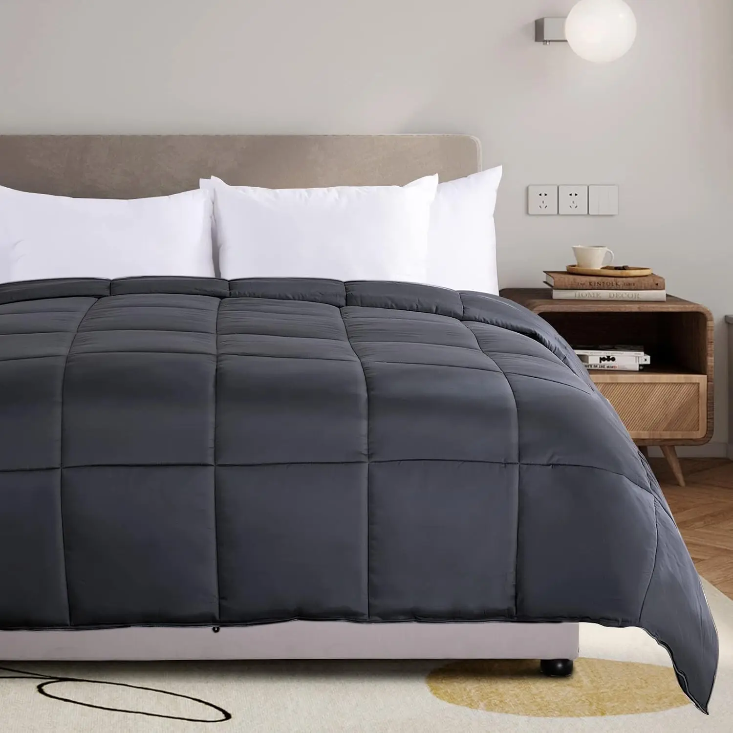Cooling Lightweight Comforter Queen, Organic Viscose from Bamboo Duvet Insert,Summer Bedding Blanket Cool for Hot Sleepers,8 Corner Tabs Dark Grey(90"x 90")