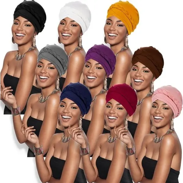 6Pcs Braid Turban Cap for Women Ethnic Bohemia Twisted Hair Cover Wrap Hat African Pre Tied Bonnet Cancer Braid Turban Hat Beanies Headwear