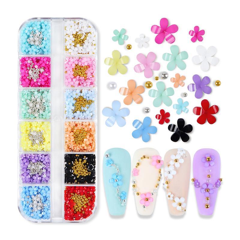 12 Color Flower Shaped Nail Art Decoration, 1 Box DIY Nail Accessories for Nail Art Decoration & DIY Crafts, Nail Decoration Kit for Women & Girls