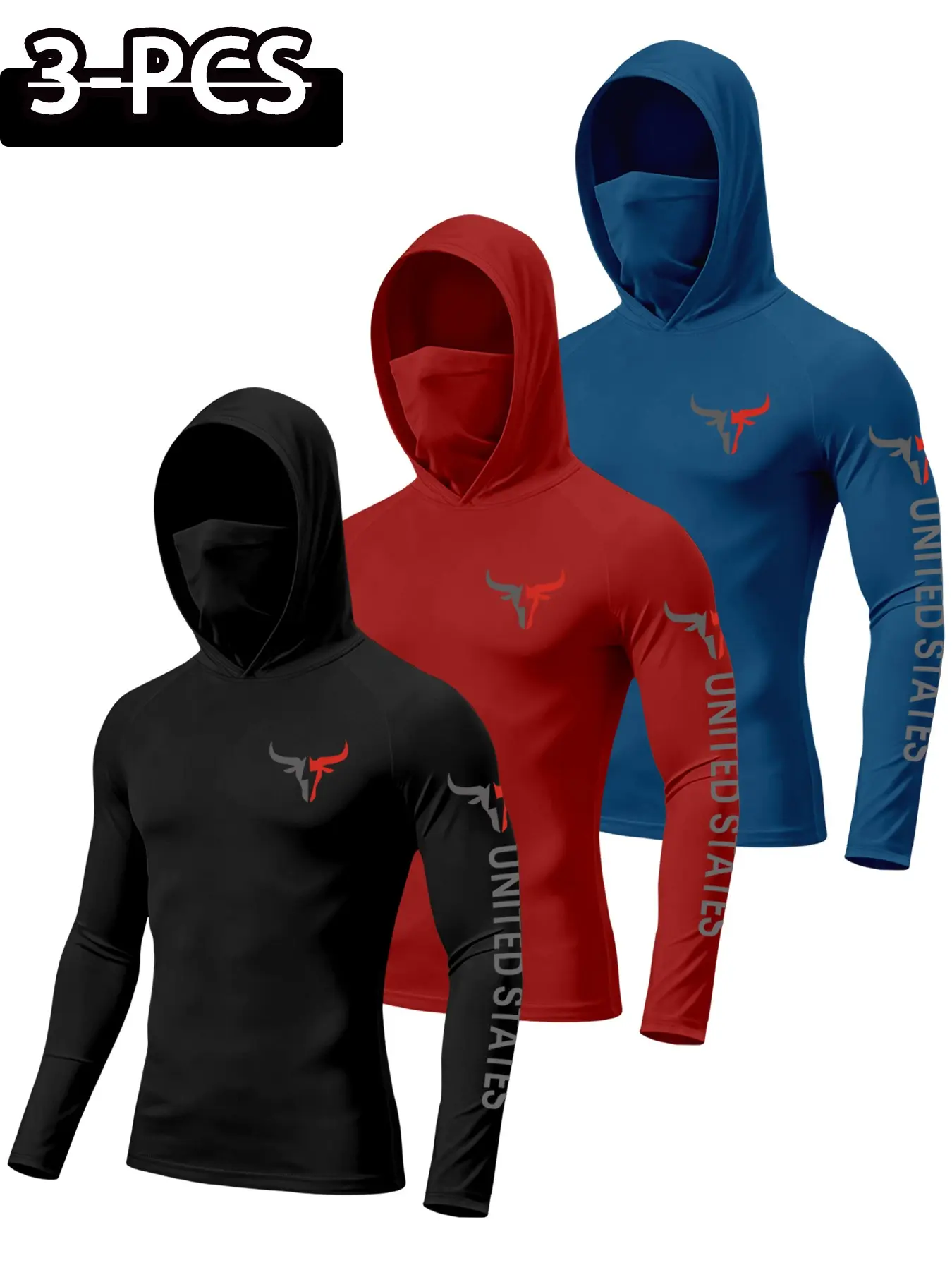 Men's Outdoor Bull Print Hoodie Set, 3-Piece, Windproof Mask, Fitted, Breathable, Quick-Dry, Ideal for Hiking, Fishing, Camping, Sports