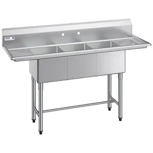 VEVOR 3 Compartment Sink, 18 - Gauge 304 Stainless Steel, 10x 14x 10 Bowl Size, 3 Bay Commercial Under Bar Sink with Backsplash and Efficient Drainage for Kitchen, Restaurant, Food Truck Home Use