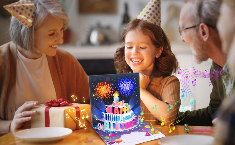 Birthday Cards Fireworks Pop Up Cake Blowable Light and Music Happy Birthday Card Gifts for Women Men Mom Kids