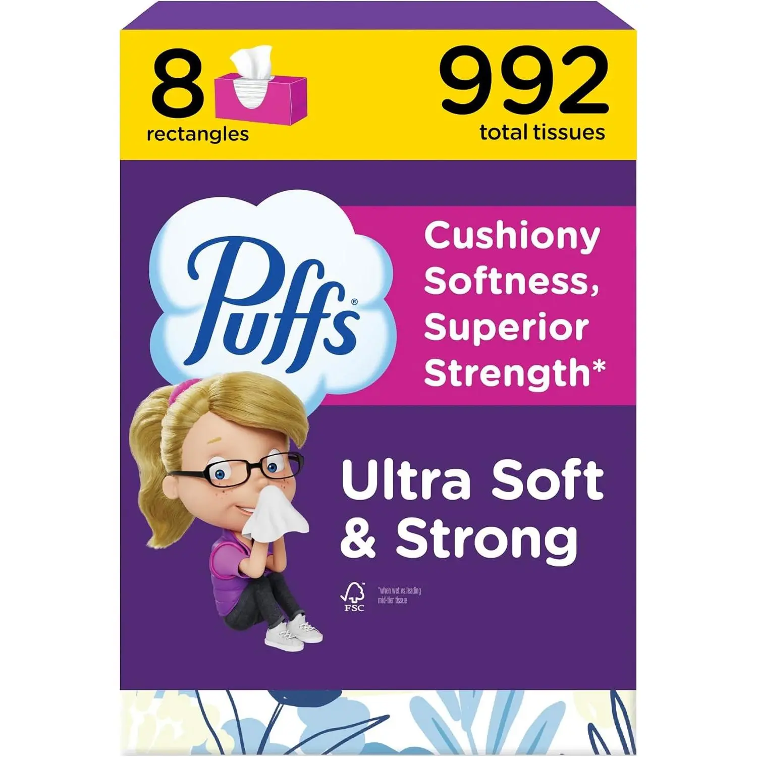 Puffs Facial Tissue Ultra Soft Non-Lotion, 8 Rectangle Boxes, 124 Facial Tissues per Box, Allergies and Colds (Packaging May Vary)