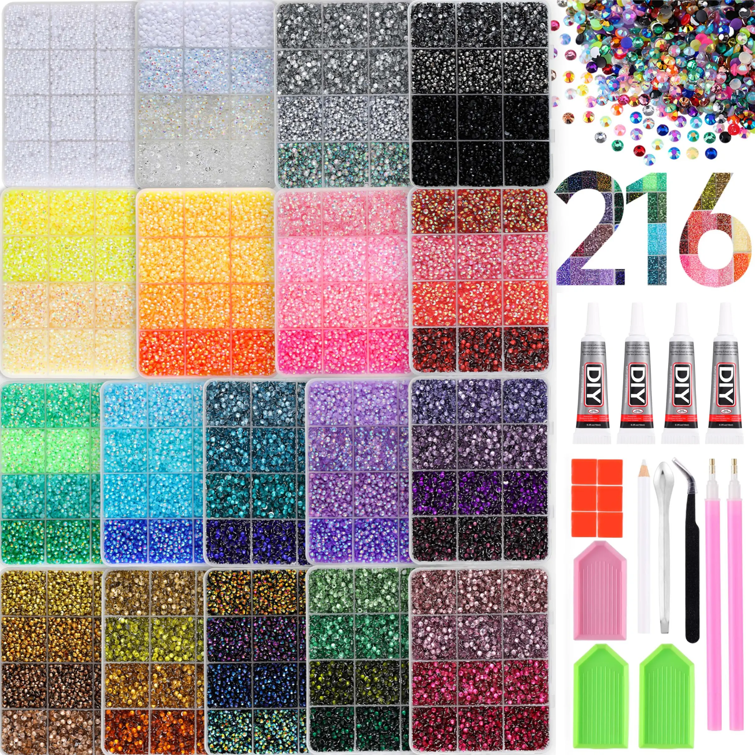 Extra Large！216 Colors Flat back Rhinestone Nail Kit！ All-in-One 216 Grid Multi-Color Rhinestone Set, Vibrant Full Spectrum Flat back Crystals with Tweezers, Double Dot Pens & Sorting Trays。ultimate creative gift for her,graduation gift,class of 2026,