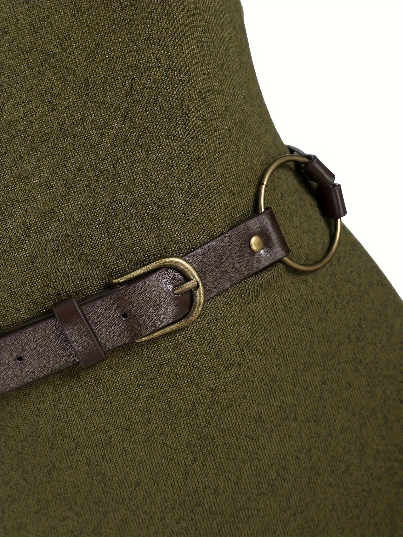 Women's Solid Jersey Ruched O-ring Belted Dress, Street Fashion Long Sleeve Short Dress for Daily Outdoor Wear, Women Dress for Fall & Winter