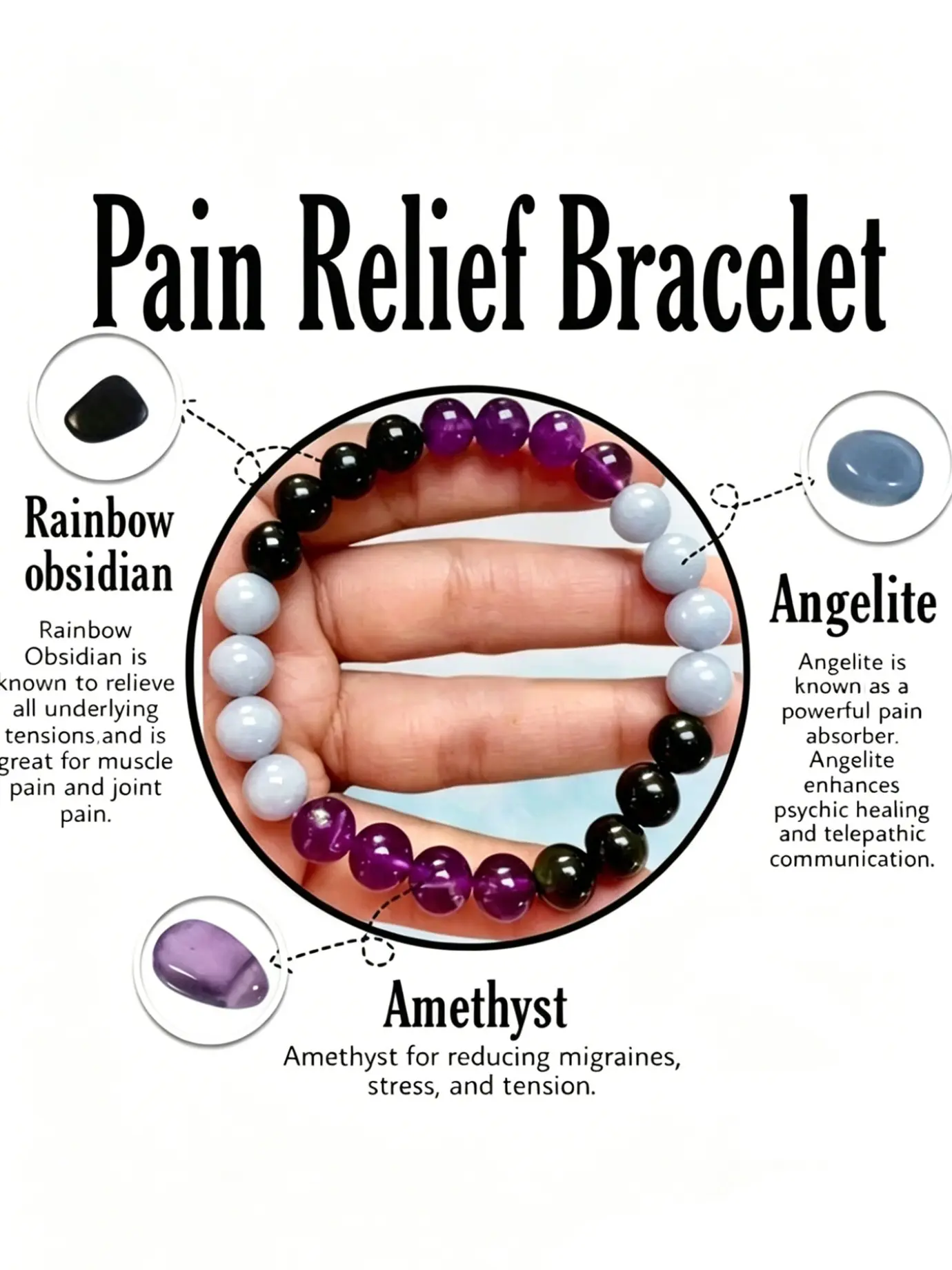 Pain Relief Bracelet, Rainbow Obsidian Angelite Amethyst, Natural Stone Healing Jewelry, Migraine Stress Tension Relief, Muscle Joint Pain Soother, Wellness Accessory, TikTok Viral, Crystal Bracelets