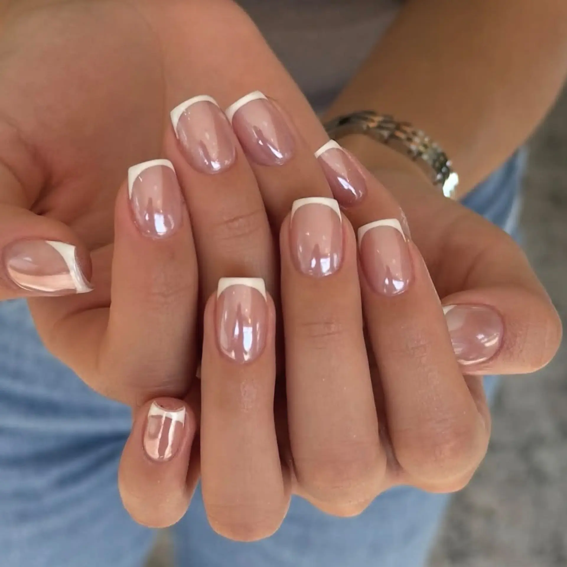 Bling Film Wearable Nail Art, French Simple False Nails, Ready-To-Wear Manicure Tips, Elegant and Stylish Nail Extensions