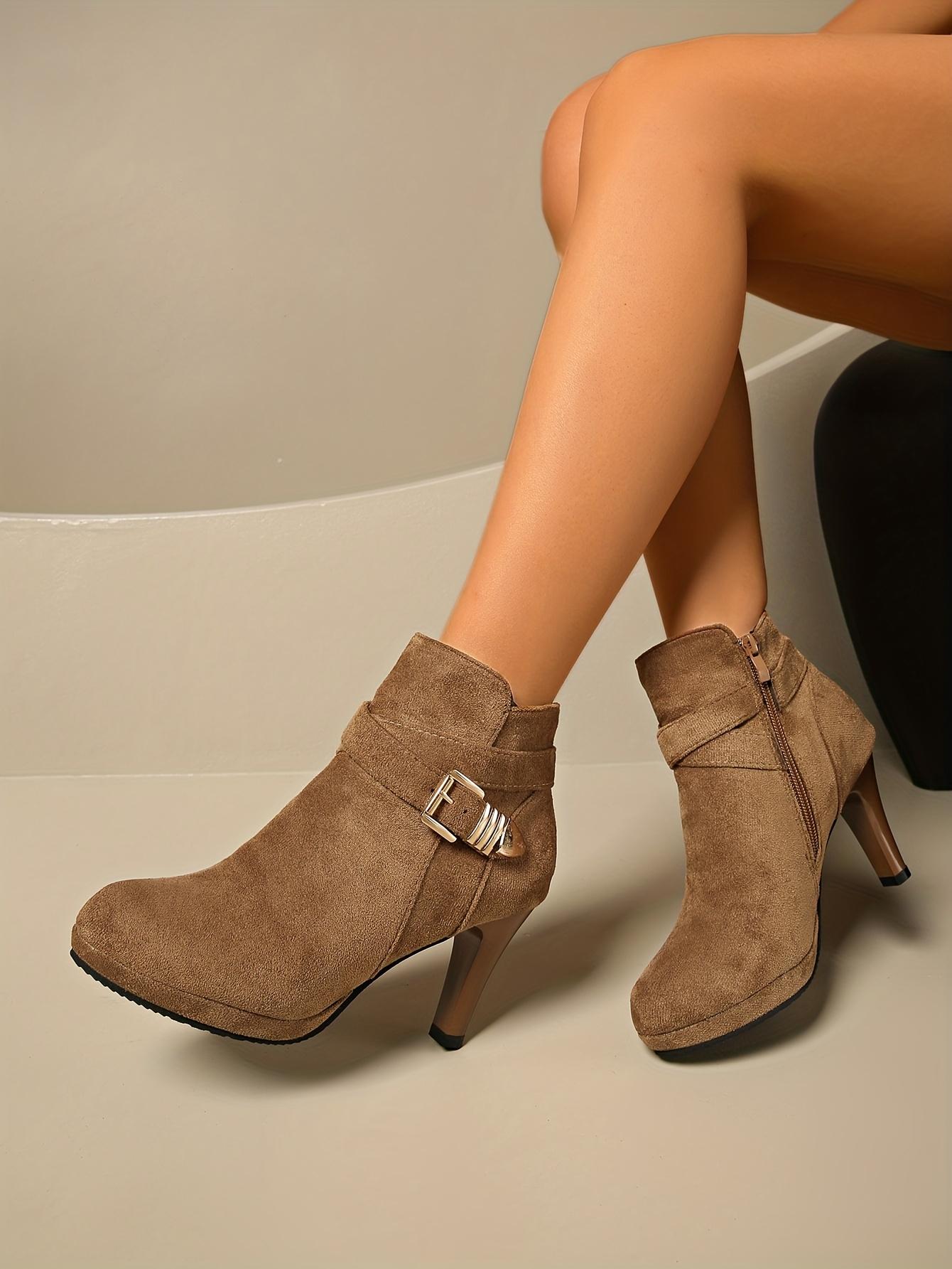 A Pair of Women's High Quality Platform Chunky Heel Side Zipper High-Heeled Ankle Booties, Women Shoes