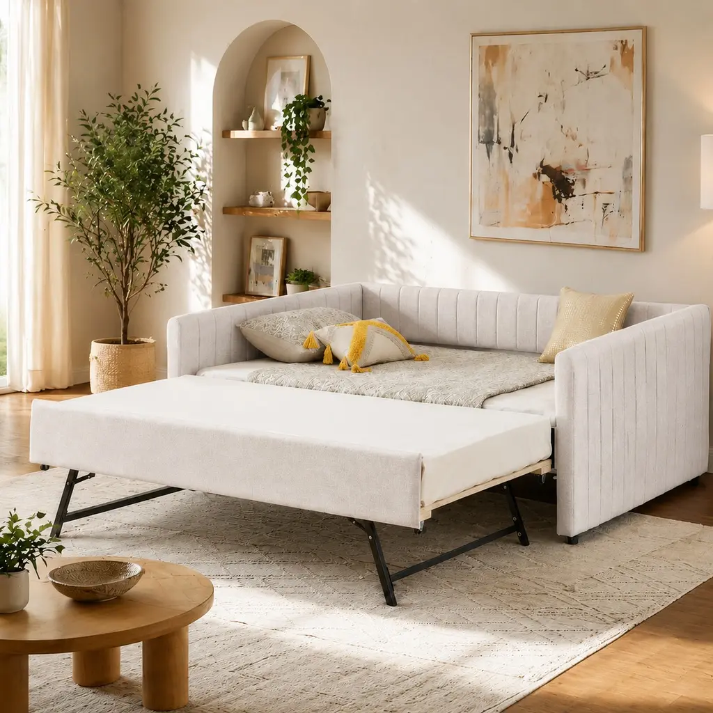 ARCH Furniture Full Size Striped Beige Linen Vertical Stripe Daybed with Trundle, Comfy Couch for Living Room & Bedroom, 82.5"w x 58"d x 30"h, Assembly Required