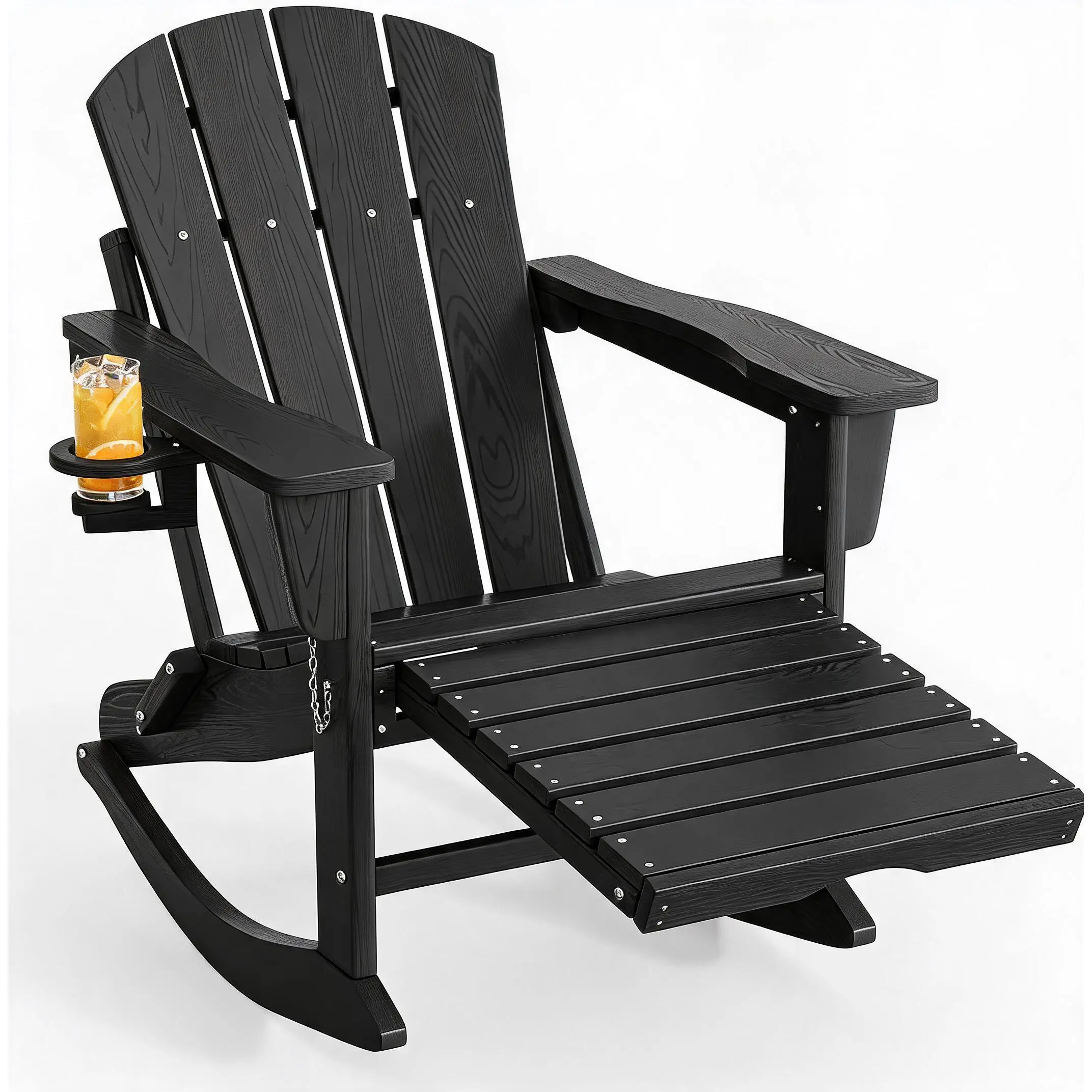 All-Weather HDPE Folding Adirondack Rocking Chair with Retractable Ottoman – Wooden Texture, Cup Holder, Outdoor Patio Garden Fire Pit Seating – Collapsible Design, Durable Hardware