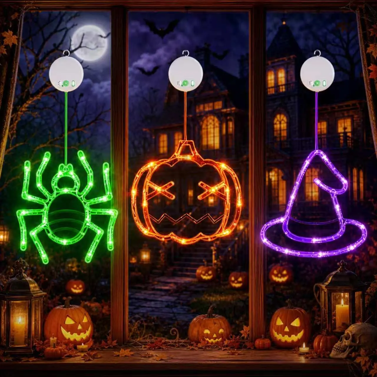 Halloween Window Lights, 3 Pack Pumpkin,, Witch Hat Lights| Halloween Decoration Lights, 2026 Dyed, 8 Flashing Modes, Timer, Battery Operated, Suction Cup, Indoor Lights