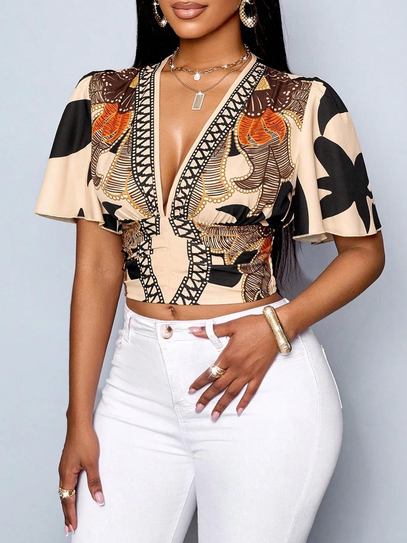 Women's All Over Print Top, Casual V Neck Top for Spring & Summer, Women's Clothing for Daily Wear, Blouse