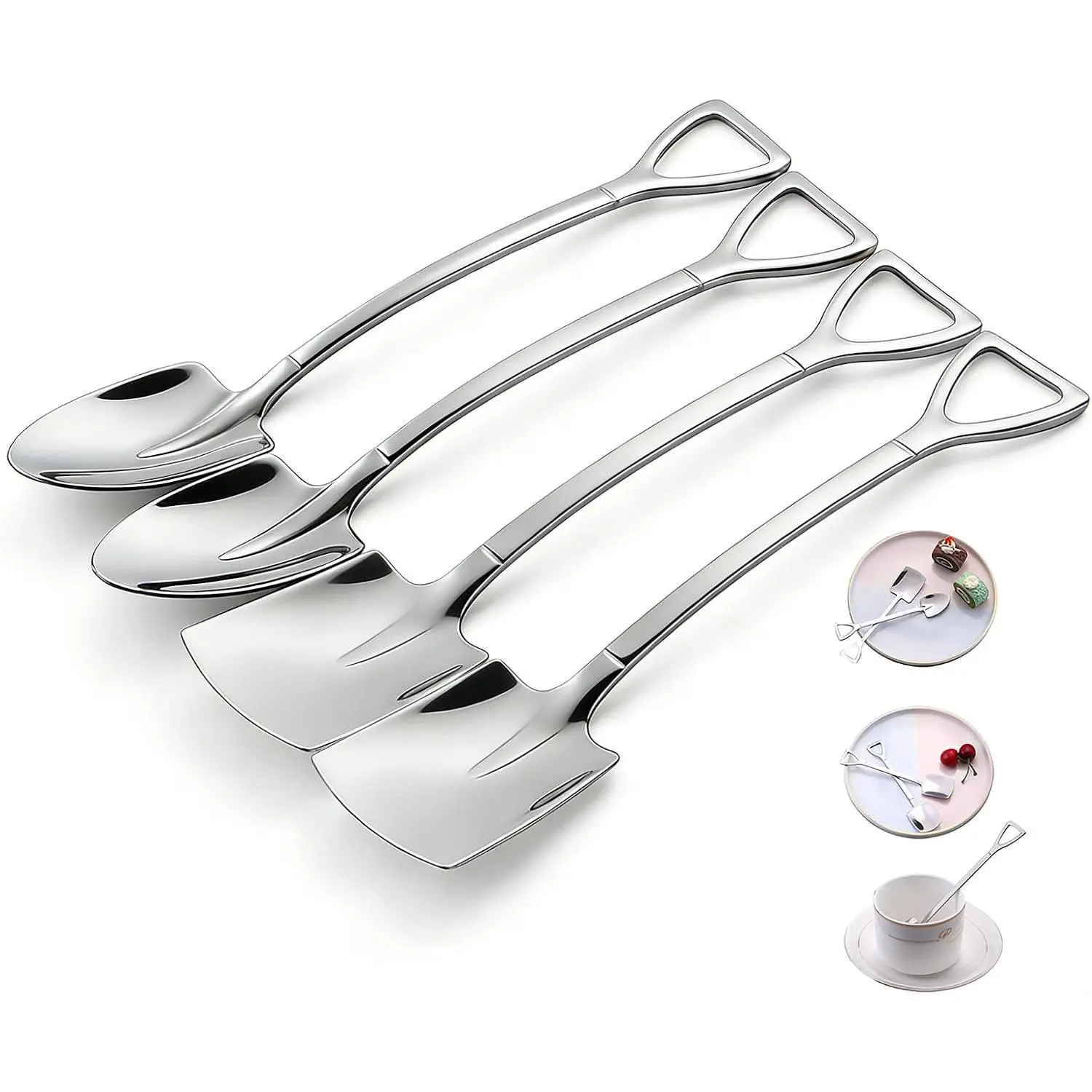 4 count 6" Small Dessert Spoons, Stainless Steel Shovel Shape Coffee Ice Cream Spoons, Creative Tableware  Sugar Stirring Spoon for Party Festival