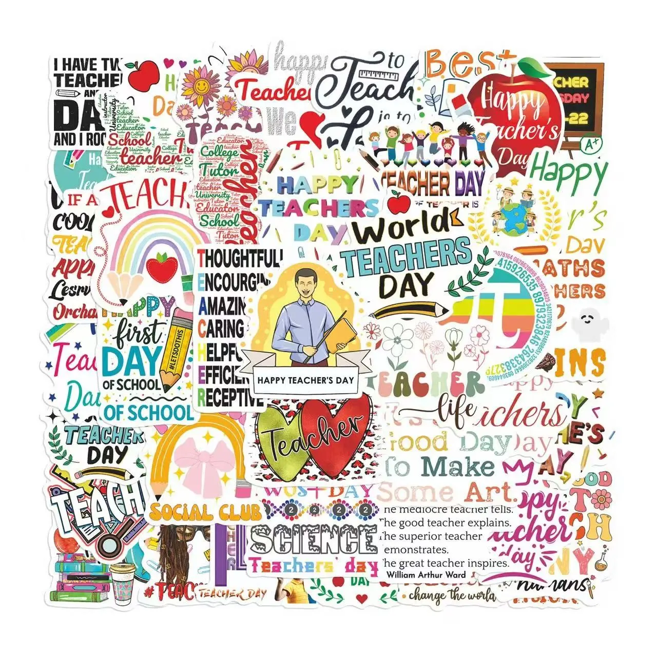50Pcs Teacher's Day Quote Stickers Pack, Waterproof Thank You Teacher Appreciation Word Vinyl Decals for Gift Box, Journal, Card Making & Scrapbook, Teacher Appreciation Gift