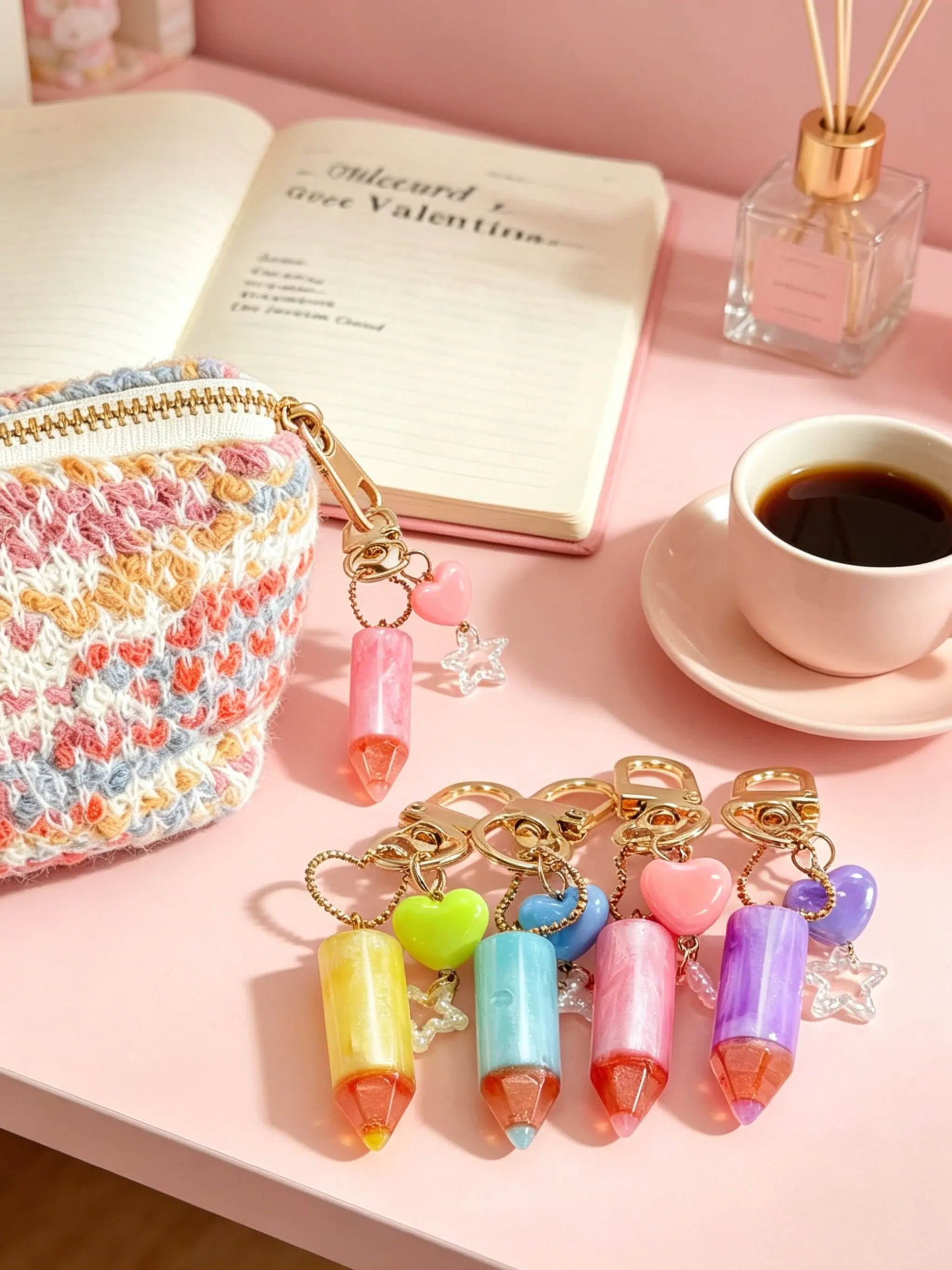 Quicksand Pencil Bag Charm Heart Bead Star Pearlescent Pencil Keychain School Supplies Keychain Stationery Accessory Pencil Pendant Preppy Aesthetic Keyring Jewelry for Backpack Purse Wallet Zipper Journal Planner Charm Teacher Student Gift Back to School