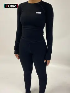 Solid Letter Patched Raglan Sleeve Tee & High Waist Leggings Set, Workout Clothes for Women, Fall Outfits, Casual Fall Womenswear Suits, Two Piece Set Women, Long Sleeve Top & Skinny Pants, Ladies Fall Clothes, Workout Sets Women