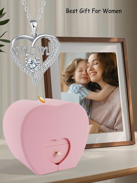 Apple Shape Rose Jewelry Gift Box With Love Heart Mom Pendant Necklace, Anniversary Birthday Jewelry First Mom Gifts for Women Wife, Mother's Day Jewelry Gift for Mom Heart Design Necklace