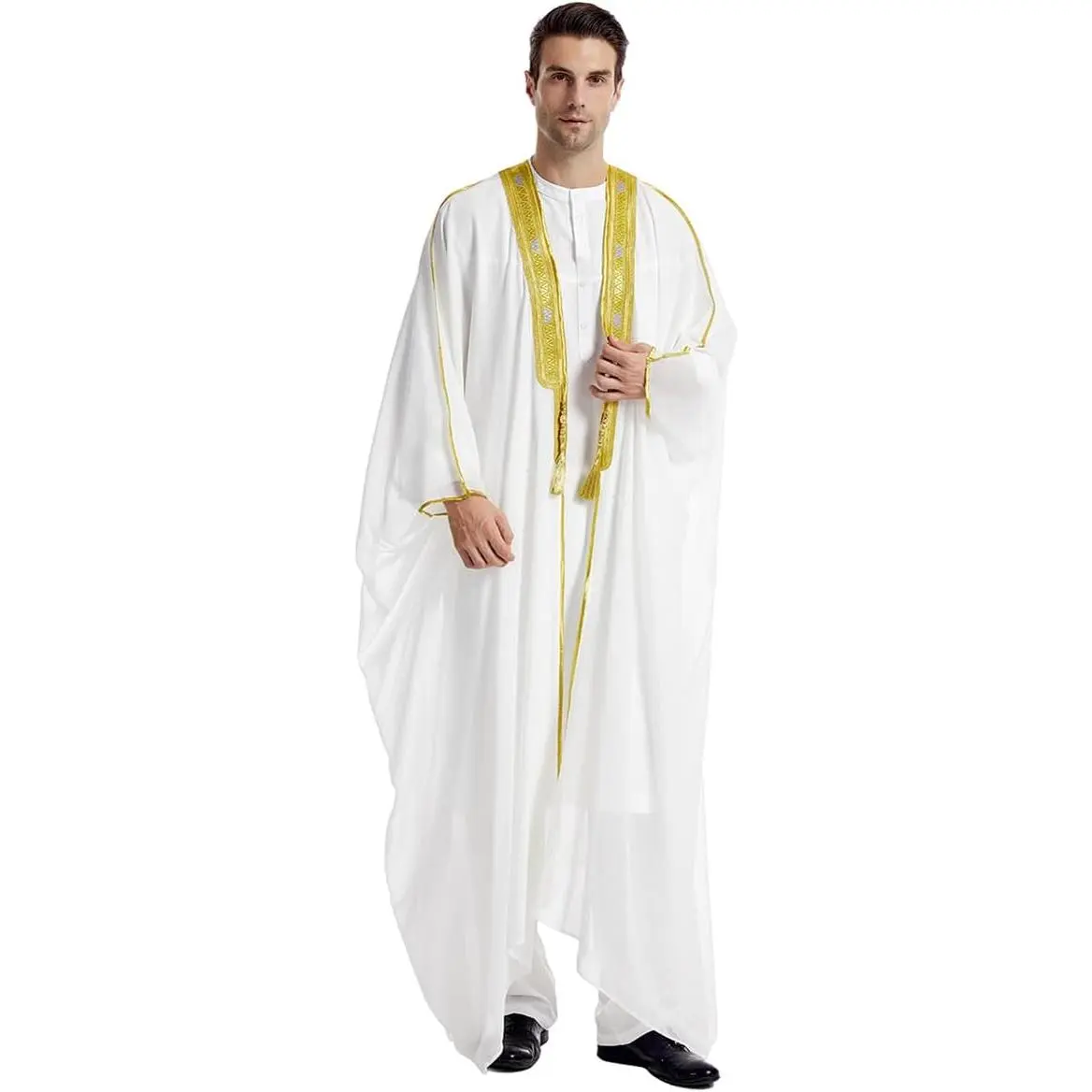 Men's V-Neck Embroidered Chiffon Kaftan, Long Sleeve Islamic Thobe Robe for Holiday Eid Prayer, Embroidery, Elegant, M, Casual, Large, Available Sizes, Loose-Fitting, Kaftan Men's Yukata