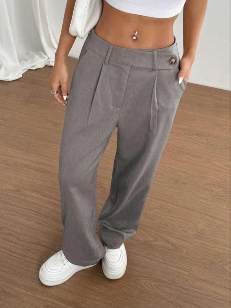 Women's Solid Color Straight Leg Pants, Casual Comfy Pocket Trousers for Daily Wear, Ladies Bottoms for All Seasons, Asymmetrical Waist Design Pants, Casual Chic Trousers