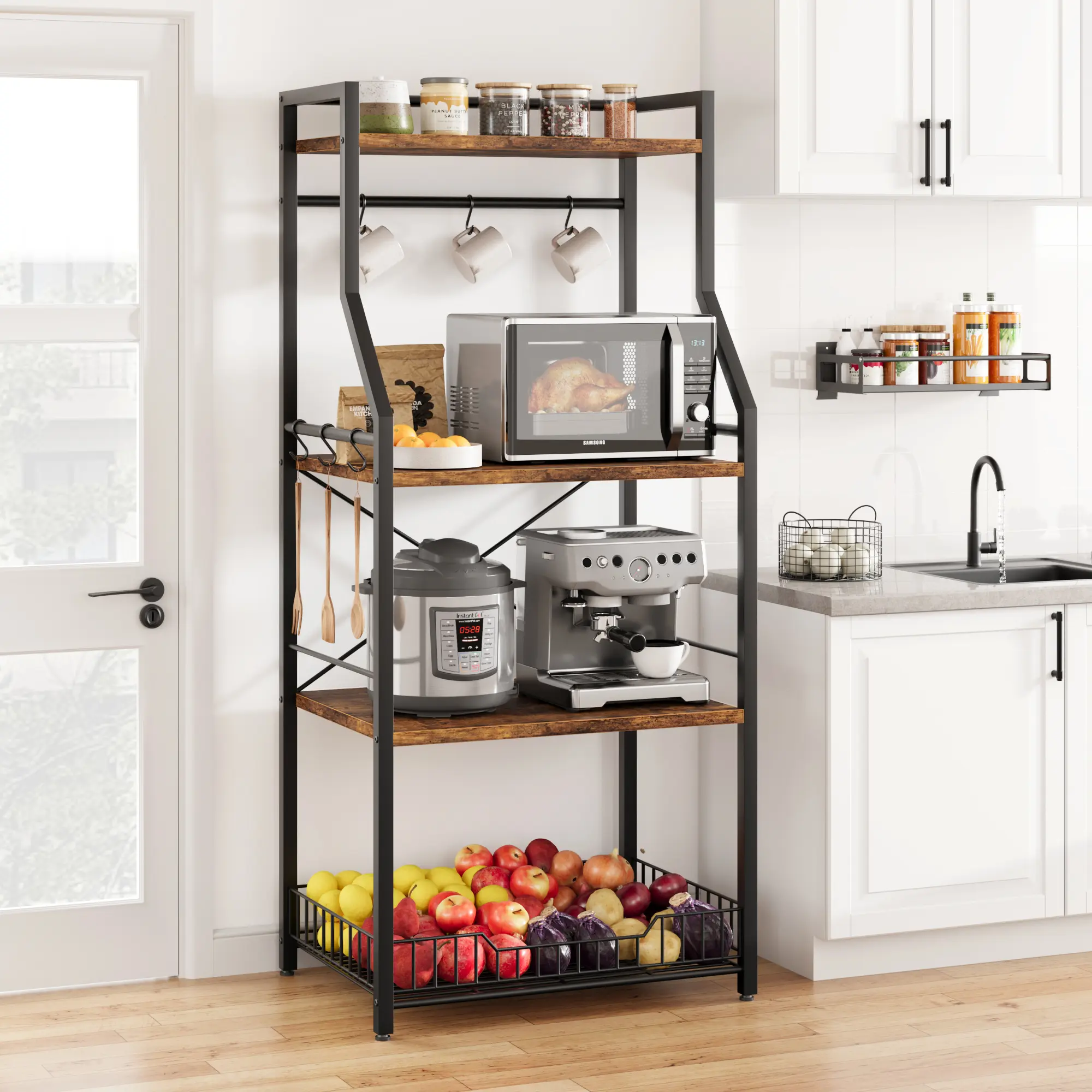 🍳 4-Tier Kitchen Bakers Rack with Wire Basket – Rolling Utility Cart, Coffee Bar & Microwave Stand with Hooks. Storage for Pots, Spices & Pantry! ✨