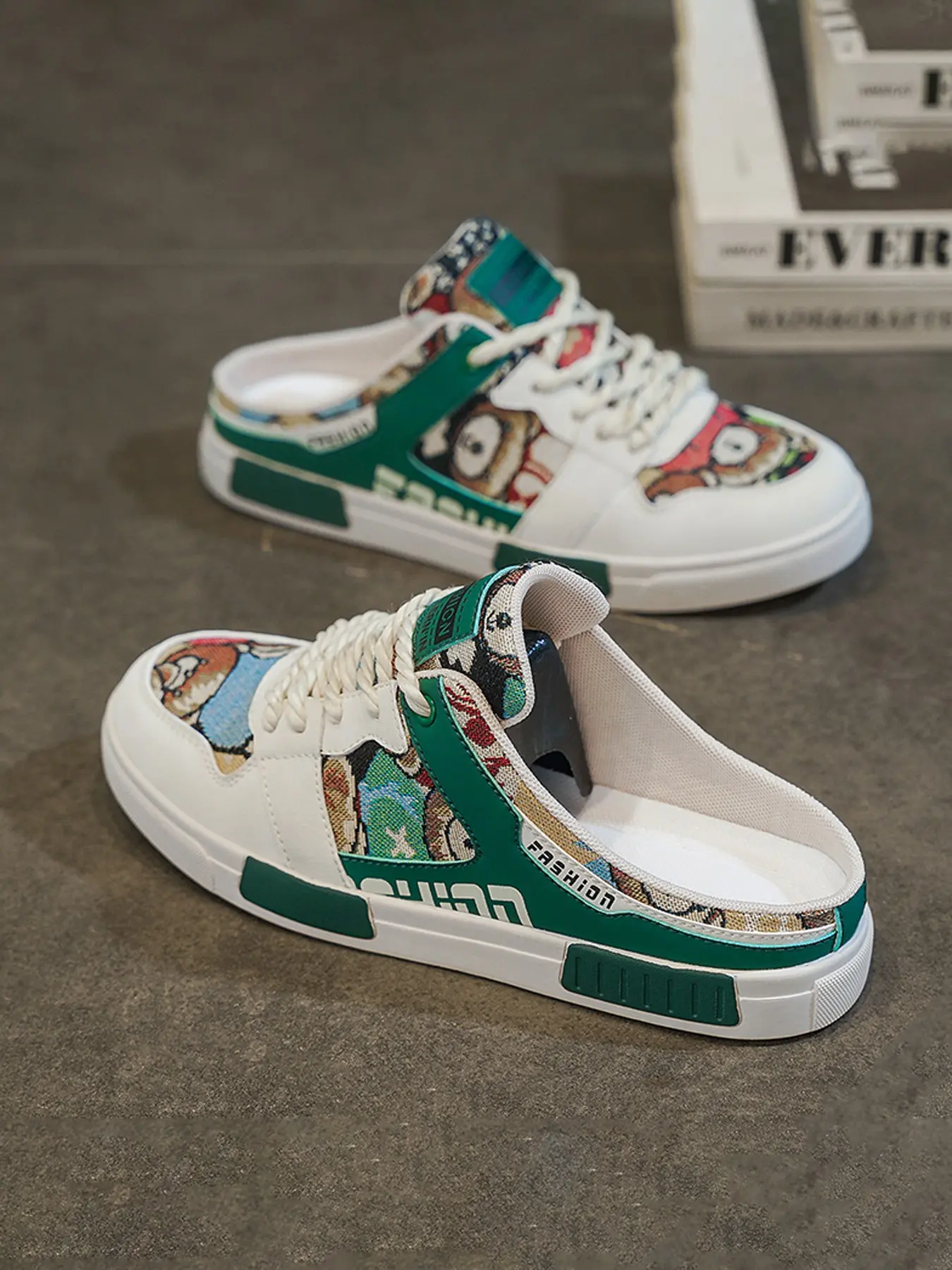 Men's Vintage Printed Patchwork Backless Mule Skate Shoes, Lace Up Slip On Fashion Half Slide Board Sneakers, Flat Non Slip Light Casual Footwear, Trend Street Half Slippers, Available Up To Size 47 for Daily Commute Beach Outdoor Walking