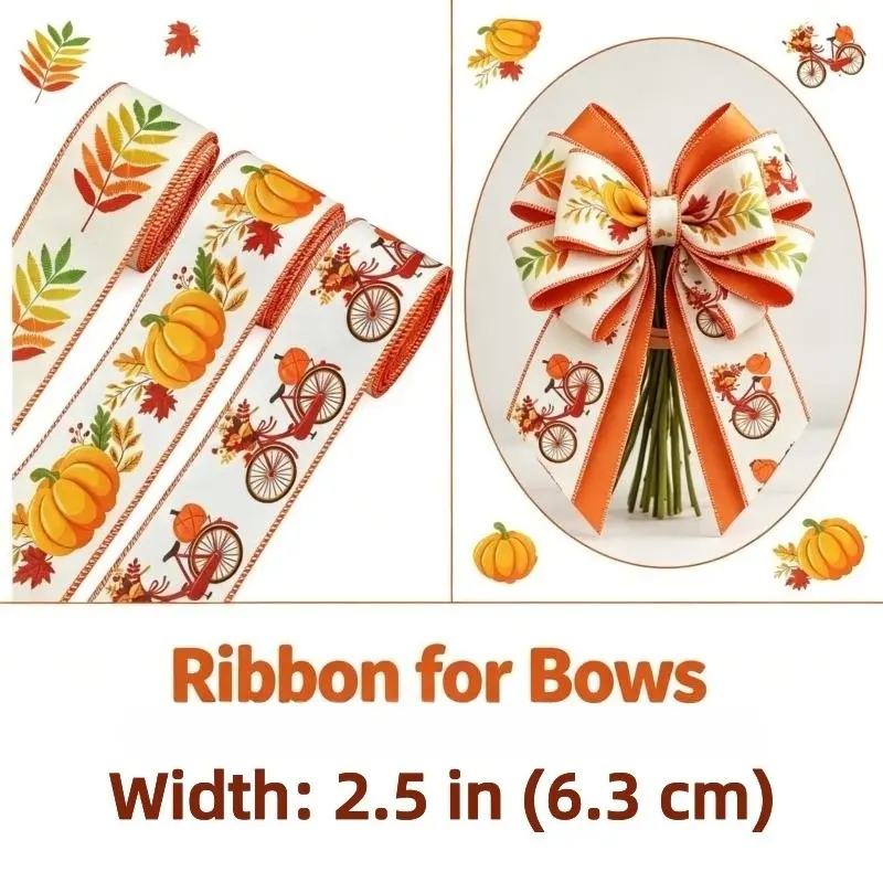 2.5inch 3PCS Total 15 Yards Wired Ribbon Fall Harvest Thanksgiving Orange-yellow Maple Leaf Autumn Leaf Bow Ribbon Polyester Linen Holiday Decor Bow Making Gift Wrapping Bouquet Wrapping Handmade DIY
