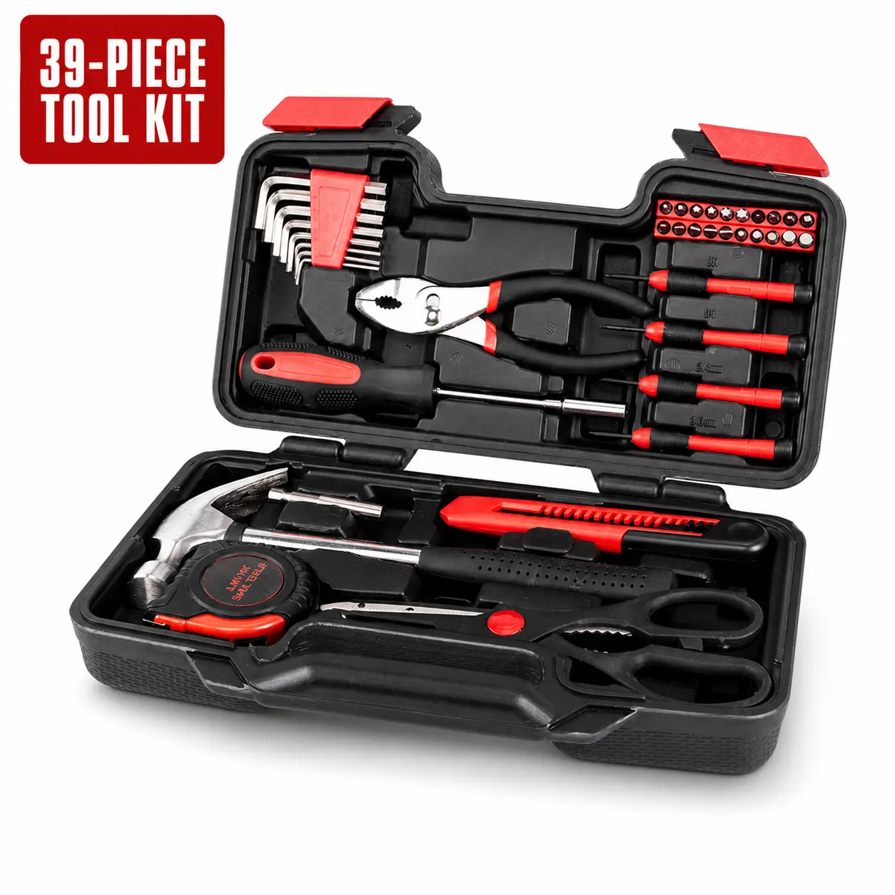 39-Piece Household Tool Set with Portable Storage Case, Red & Black Home Repair Hand Tool Kit for DIY, Apartment, Garage, Office & College Dorm