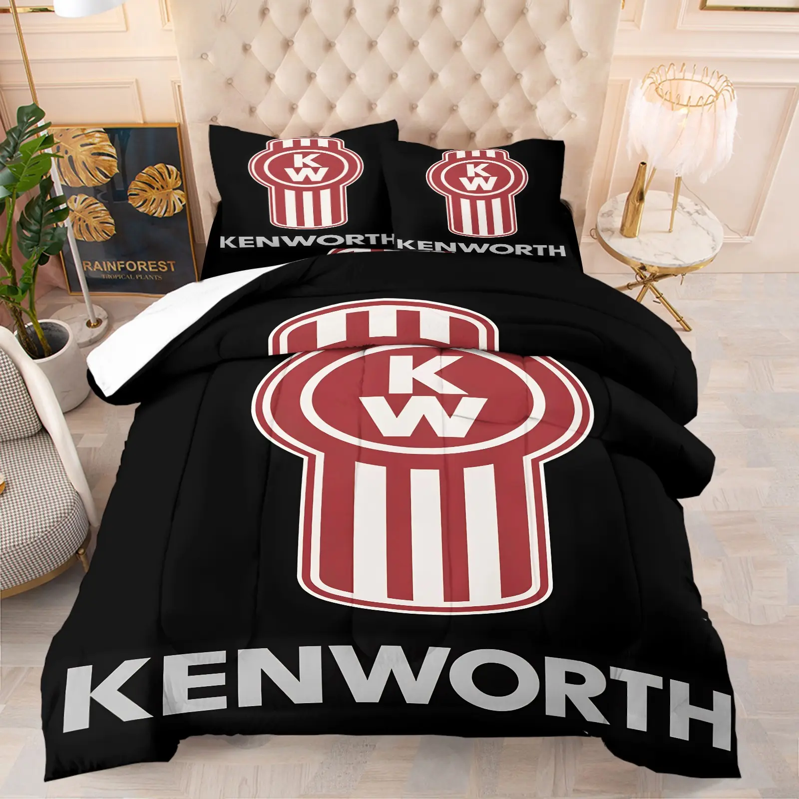 Vintage KW Truck Emblem Comforter Bedding Set, Printed Bedding Set, 1 Comforter + 1-2 Pillowcases, Durable Soft Washable Bed Set, Black Background Truck Logo Quilt Set, Retro Trucker Style, Room Decor for Truck Drivers & Men Fans