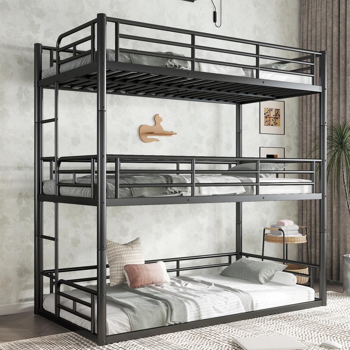 Twin/Queen Triple Bunk Bed, Metal Triple Bunk Bed with Safety Guardrails, Heavy-Duty Bunk Bed with Noise-Reduced Design – Black/White