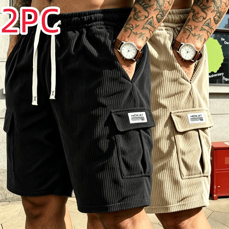 Men's 2PC Lightweight Corduroy Knee-Length Universal Sports Shorts - Adjustable Drawstring Elastic Waist, Fitted Loose Fit, Breathable Quick-Dry Synthetic Polyester, Multifunctional Pockets, Machine Washable for Daily Commuting, Outdoor Walks