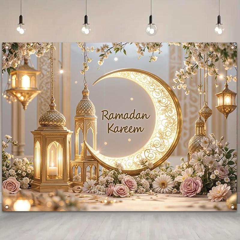 Ramadan Theme Backdrop, 1 Count Elegant Moon & Lantern Pattern Backdrop, Wall Decor for Home Living Room Bedroom, Party Decoration Supplies, Ornaments, Flowers Ramadan Theme Backdrop, 1 Count Elegant Moon & Lantern Pattern Backdrop, Wall Decor for Home Living Room Bedroom, Party Decoration Supplies, Ornaments, Flowers
