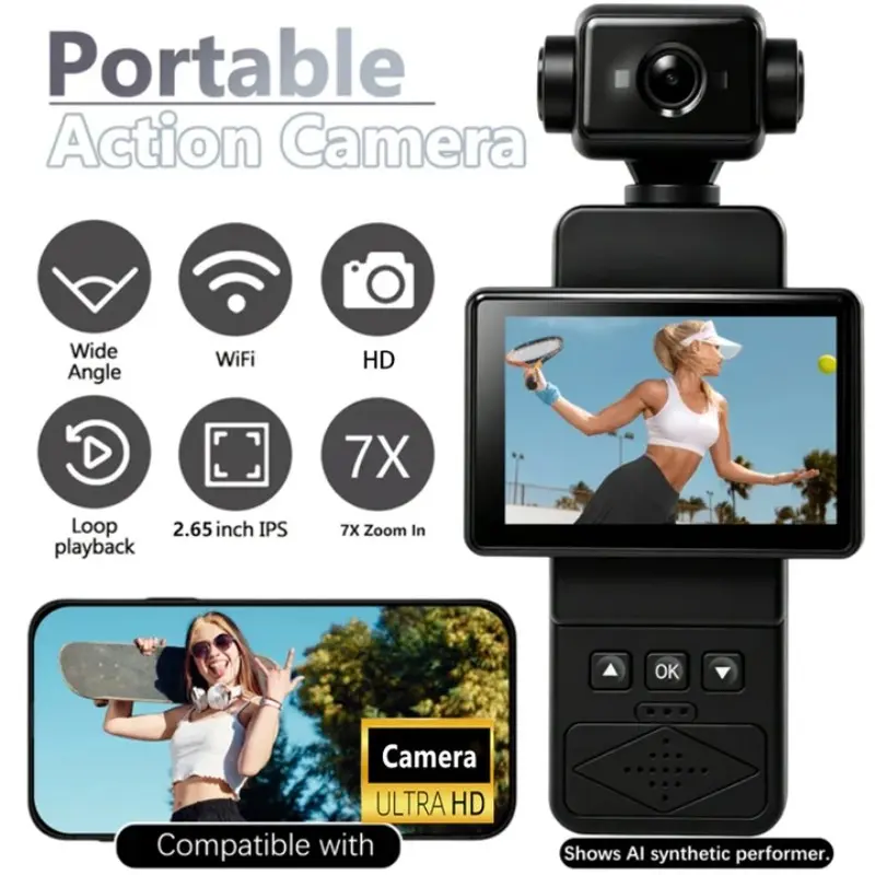 Action Camera, Pocket Vlogging Camera HD with 2.65" Screen，270° Rotating Lens，Portable WiFi Body Camera for Travel Hiking Cycling, Wearable Clip, Best Gift, Outdoor Action Camera