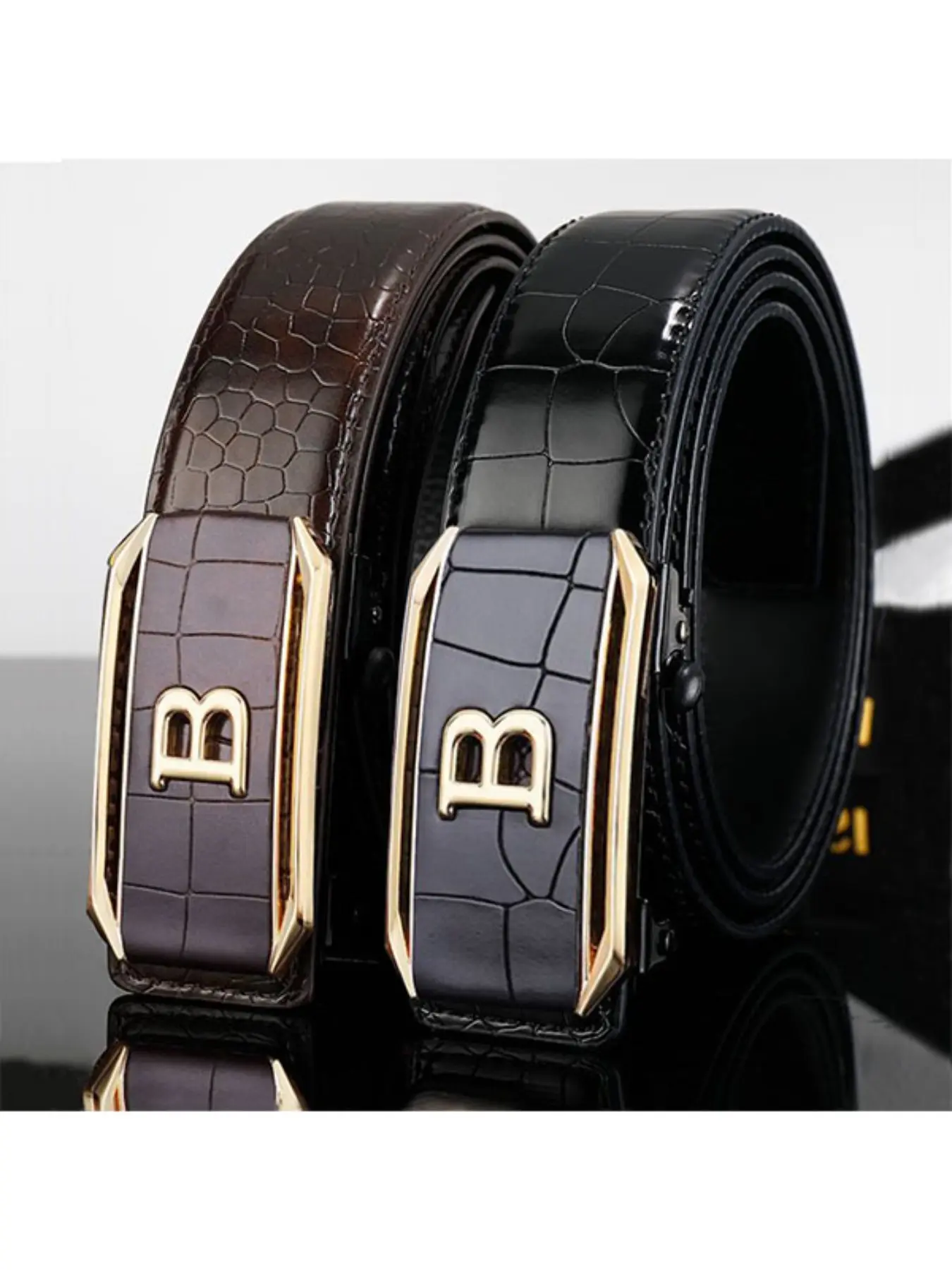 Men's Leather Belt with Automatic Buckle, Business Casual Waistband, Trendy Genuine Cowhide Belt for Middle-Aged Men, All-Season Plain Design