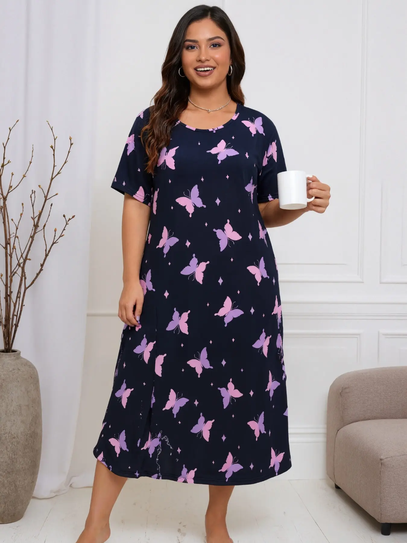 Women's Plus Size Butterfly Print Nightgown, Casual Comfort Round Neck Short Sleeve Pajama, Summer Sleepwear and Home Wear
