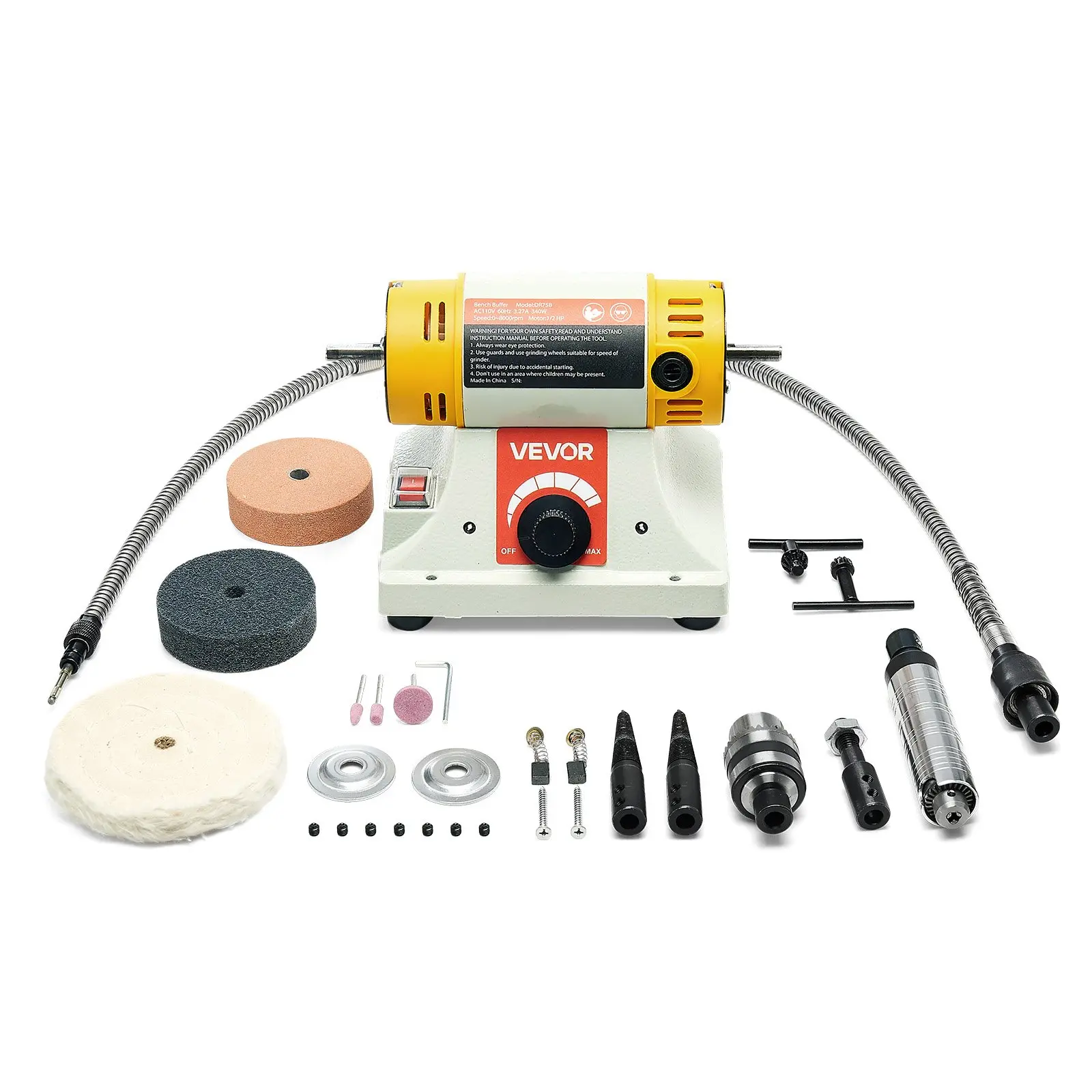 【DealsForYouDays】VEVOR Bench Buffer Polisher, 1/2HP Polishing Buffing Machine, 0 to 8000RPM Benchtop Polisher Grinder with 4" Cloth Wheel, 3" Grinding Wheel & 3" Fiber Wheel for Metal, Jewelry, Wood and Plastic