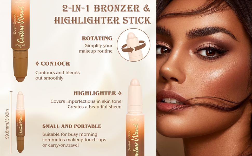 Contour Highlighter Stick,2-in-1 Dual-Ended Cream Bronzer & Highlighter Sticks Pen for Face Body Contouring Makeup- Buildable,Waterproof, Easy to Apply Suitable for Beginners