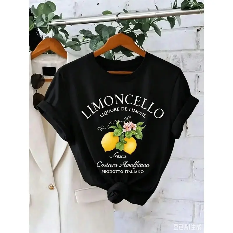 Women's Casual Limoncello Lemon Print Round Neck Short Sleeve  T-Shirt, Perfect For Summer Outfits