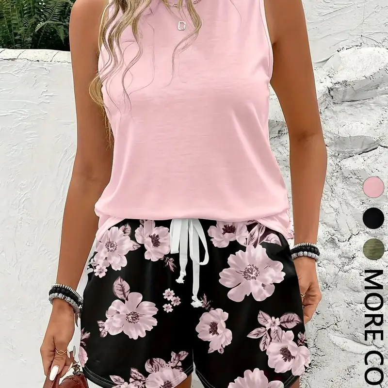 1 Set Women's Knit Matching Two-Piece Set, Solid Color Sleeveless Tank Top, Ditsy Floral Print Elastic Waist Drawstring Shorts, Daily Casual Loungewear Vacation Wear, Soft Stretchy Breathable, Sweet Casual Style, Summer Matching Sets