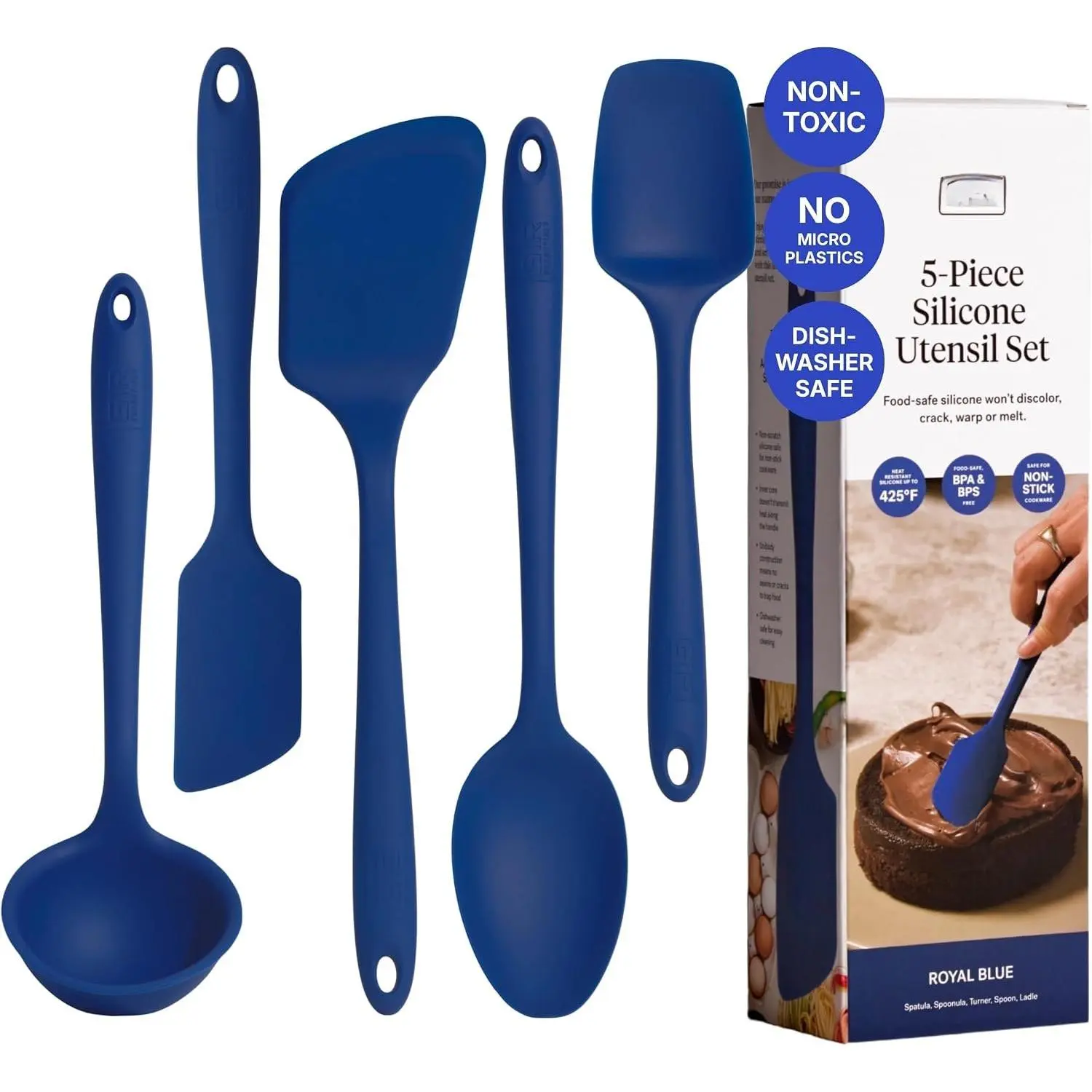 5-  Kitchen Utensils Set,  Cooking Utensils for Cooking and Baking, Heat Resistant,  Grade, Dishwasher Safe Rubber Spatula, Ladle, Spoon - Royal Blue