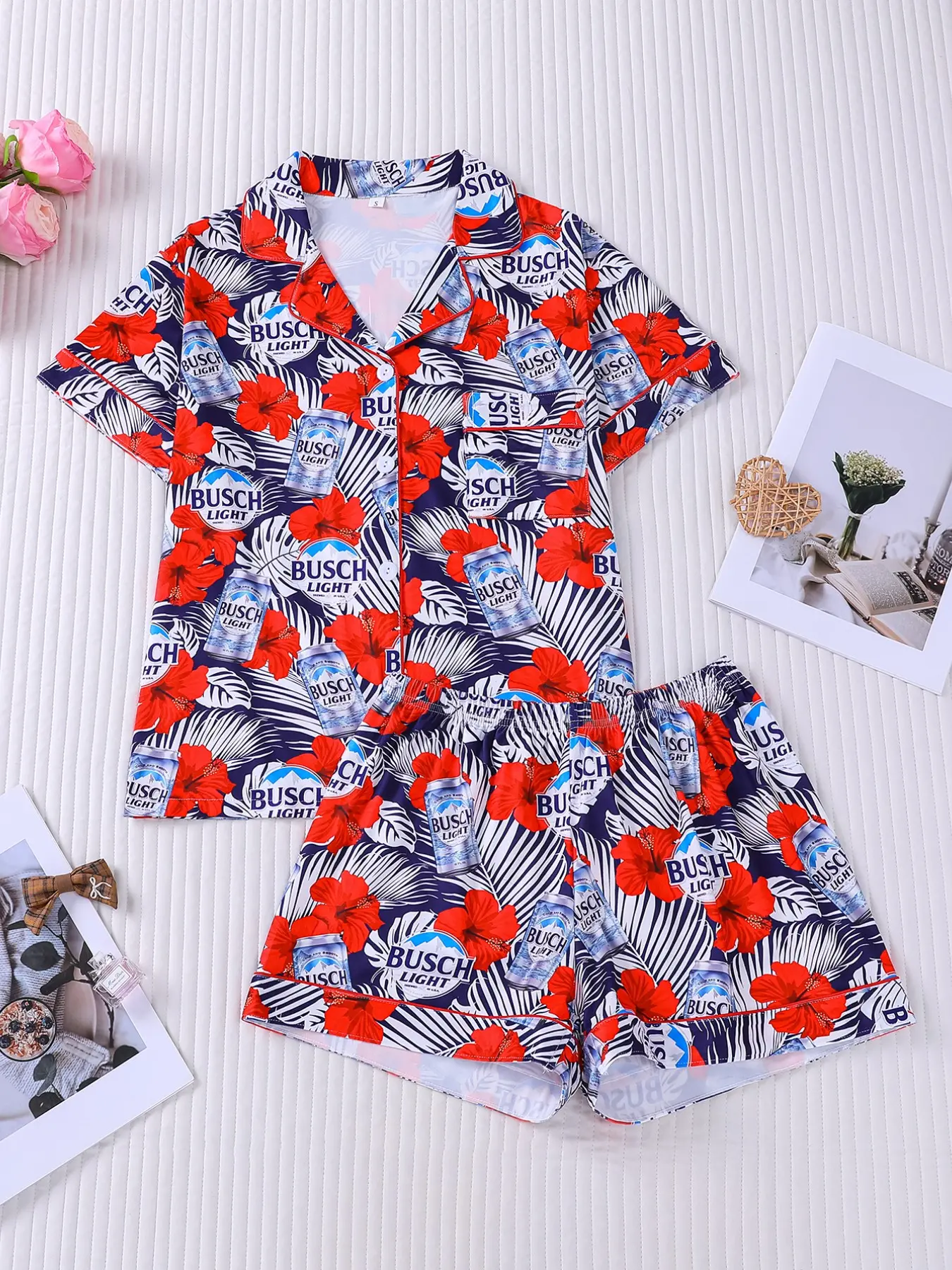 Busch Light Beer Hibiscus Palm Leaf All-Over Print 2-Piece Pajama Set for Women, American Retro Vacation Style Lapel Short Sleeve Top with Pocket & Elastic Waist Shorts, Soft Comfortable All-Season Casual Daily Loungewear Sleepwear
