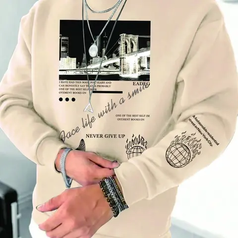 Men's Round Neck Sweatshirt City Night Print Casual Trendy Top, Fall & Winter Fitted Graphic Pullover, Comfortable Moderate Fabric, Casual Pullover Sweatshirts