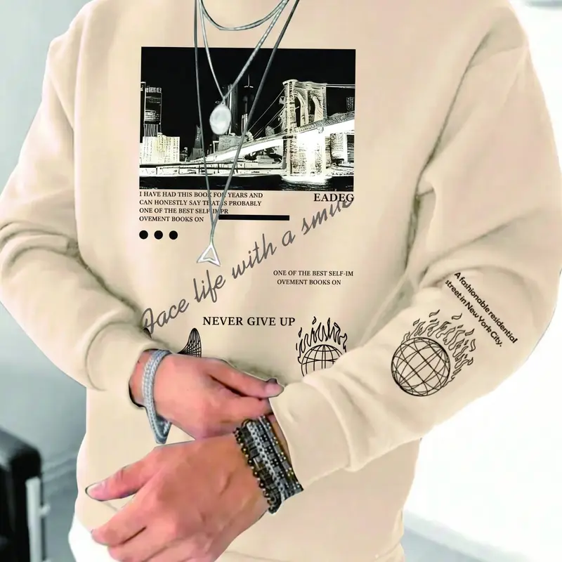 Men's Round Neck Sweatshirt City Night Print Casual Trendy Top, Fall & Winter Fitted Graphic Pullover, Comfortable Moderate Fabric, Casual Pullover Sweatshirts