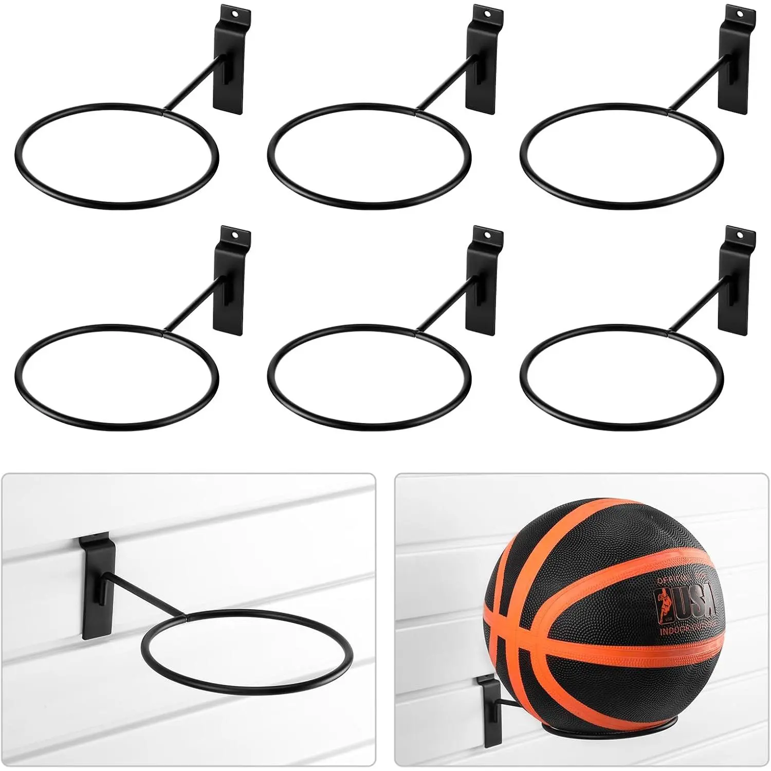 6 count Basketball Holder Wall Mmount Slatwall Metal Ball Storage Multi Function Ball Holder  Basketball Display Rack for  Football Volleyball Soccer Display