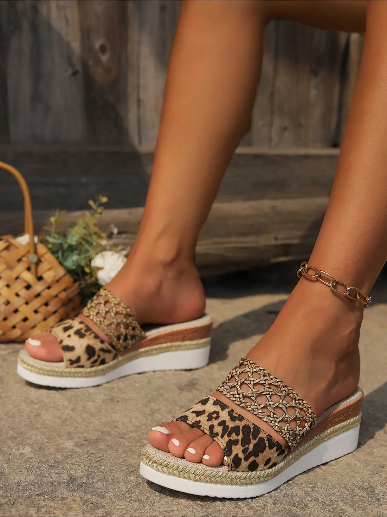 Leopard Print Suede Women's + Hollow Woven Rattan Double Wide Strap Double Strap Slides Jute Trim Slip On Open Toe Soft Cushion Light Espadrille Wedge Platform Summer Slide Sandals