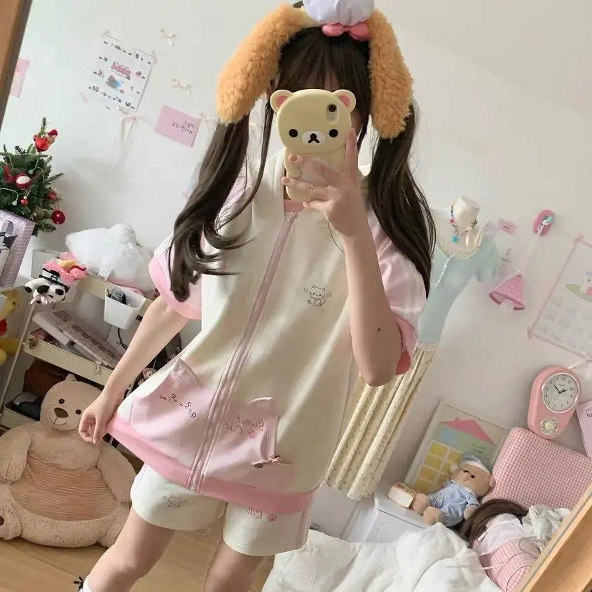 Japanese Cute Cat Ears Short Sleeved Zipper Hoodie + Casual Loose Shorts 2 Piece Sets Womens Outfits Sweet Sports Y2k Suits
